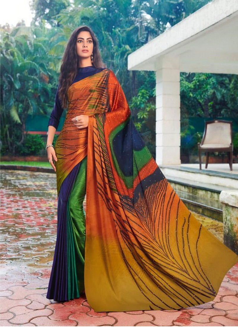 MINTORSI MOR PANKH Latest Fancy Designer Heavy Casual Wear Satin Silk With Exclusive Hand Print And Stone Diamond Work Saree Collection